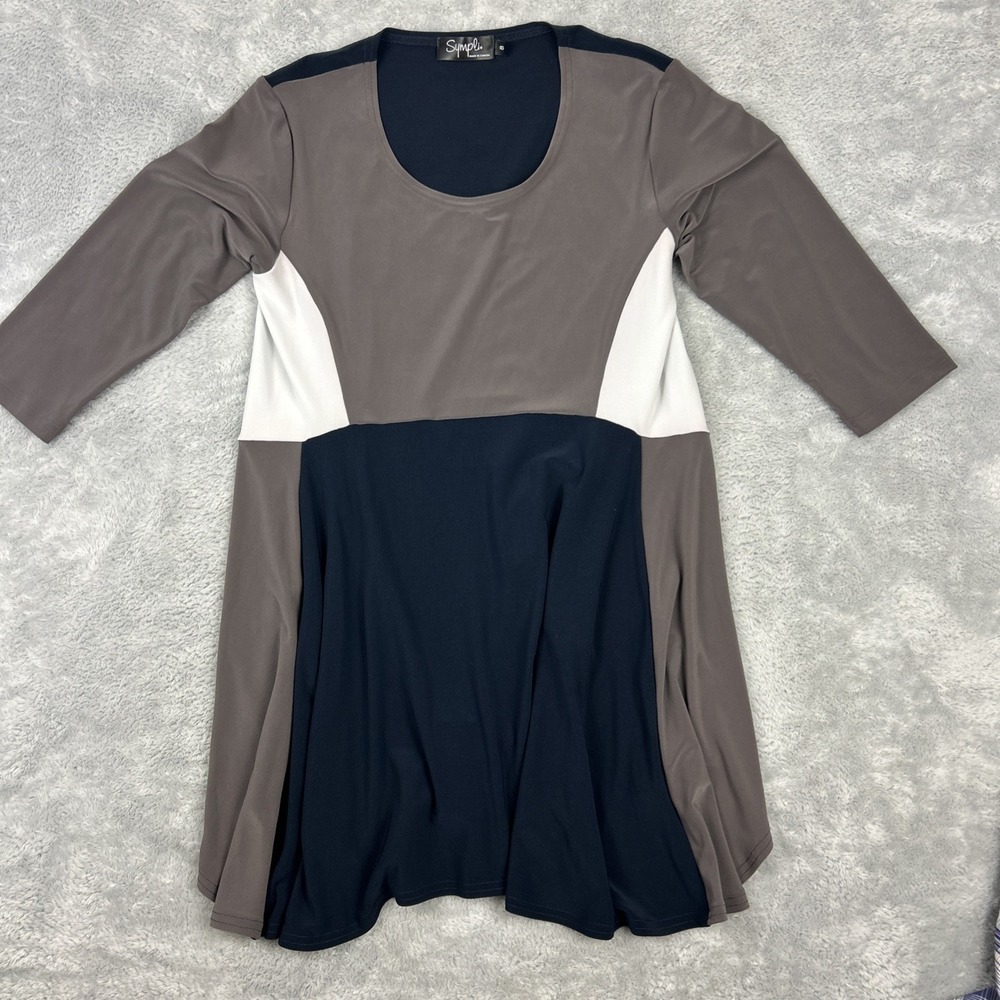 SYMPLI Size 8 Gray Black Cream Jersey Artsy Tunic Top Lagenlook Boho 3/4 Sleeve
